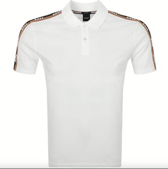 HUGO BOSS Mens Parlay White Pique Cotton Shoulder Logo Short Sleeve Polo T-Shirt