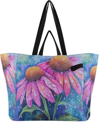 Generic Pink Floral Leaf pattern Reusable Canvas Tote Bag, Heavy Duty Grocery Shopping Bag with Hard Bottom Large Capacity Double Handles Work Groceries Trave