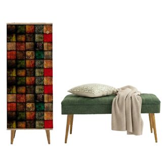 Dmora Muebles De Entrada Baham, Entrada Para Perchas, Composici&oacute;n Para Atrio, Consola De Almacenamiento Multifunci&oacute;n, 50x38h135 Cm, Roble Y Verde, Con Embal