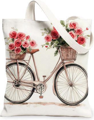 Generic Vintage Floral Canvas Tote Bags, Artistic Rose Bike Design Reusable Grocery Bags, Lightweight Washable Shoulder Strap Tote for Travel Outdoor Beach Pi