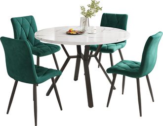 STILVORA Conjunto De Mesa Y Sillas Con 1 Mesa Redonda Y 4 Sillas, Para Comedor, Mdf, Acero Y Terciopelo, Negro Blanco Y Verde