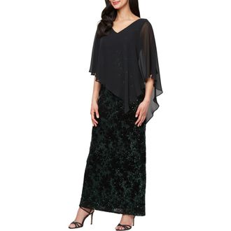S.L. Fashions Chiffon Capelet Sequin Gown in Black/emerald at Nordstrom, Size 16