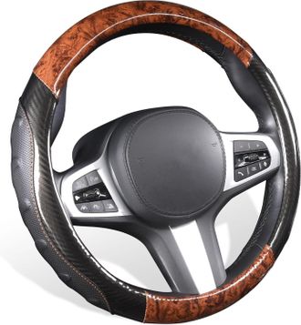 OEM Funda Universal Para Volante De Coche, 37-38 Cm, De Microfibra Con Textura De Madera, Antideslizante, Color Negro Y Marr&oacute;n