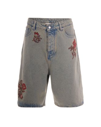 Dr&ocirc;le de Monsieur Oversized Denim Shorts with Floral Embroidery and Five Pockets
