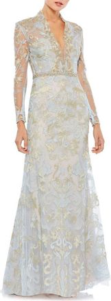 Mac Duggal Long Sleeve Applique V-Neck Gown in Powder Blue at Nordstrom, Size 12