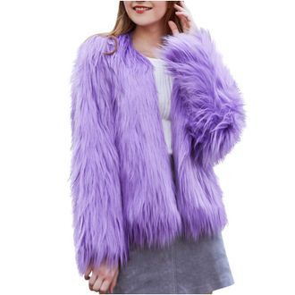 Generic Faux Fur Coat for Women Luxury Fashion Open Front Fluffy Plush Cardigans Long Sleeve Winter Warm Jacket Outerwear Purple