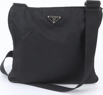 Prada Black Leather Nylon Messenger Bag Shoulder Bag (Pre-Owned)