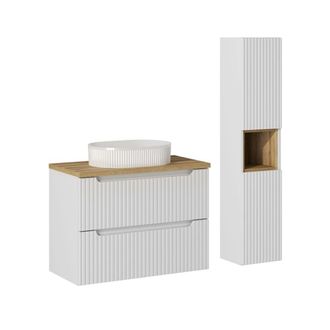 Petits Meubles Set de muebles lavabo 2 cajones y columna estratificado Blanco marr&oacute;n