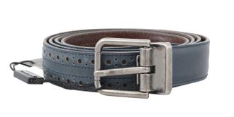Dolce & Gabbana Blue Perforated Leather Gray Buckle Mens Belt - Size 105 cm