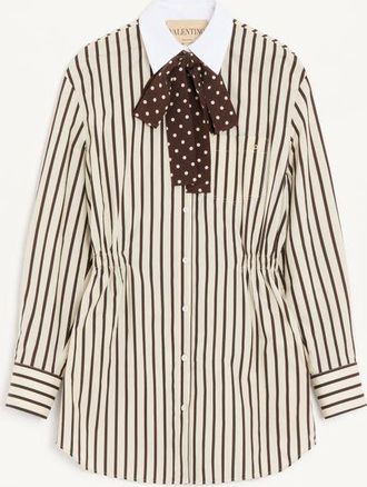 Valentino Midi Dress in Printed Striped Poplin Woman IVORY/CHOCOLATE 36