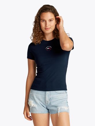 Tommy Jeans T-Shirt TOMMY JEANS TJW SLIM ESSENTIAL LOGO 2 TEE, Damen, Gr. XS (34), blau (schwarz night navy), Single Jersey, Obermaterial: 70% Baumwolle, 30% Visk
