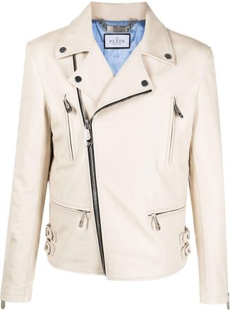 Philipp Plein Gothic Plein leather biker jacket - men - Leather/Viscose - XXXXL - Neutrals
