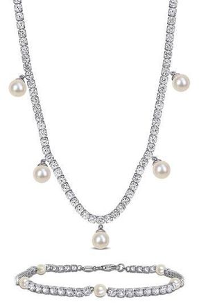 Delmar Lab Grown White Sapphire & Cultured Freshwater Pearl Tennis Necklace & Bracelet Set in Pearl/White Sapphire at Nordstrom Rack