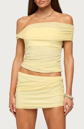 Edikted Raquela Twist Ruched Off the Shoulder Top in Light-Yellow at Nordstrom, Size X-Small