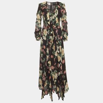 Nicholas Black Floral Print Chiffon Ruffle Maxi Dress