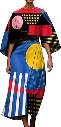 Generic Midi Dresses With Sleeves For Women Uk, A-Line Dress Abstract Print Abstract Art Dresses 3/4 Sleeve Sundress With Irregular Hem Dress Vintage Sundress