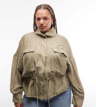Asos Curve ASOS DESIGN Curve - Camicia giacca verde testurizzata con coulisse in vita e collo a imbuto