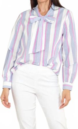 Zero Degrees Celsius Bow Stripe Blouse In White Blue Fuchsia