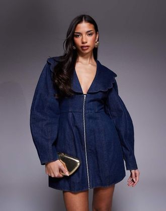Asos Vestito di jeans a maniche lunghe indaco con colletto oversize-Blu