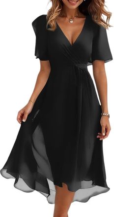 Generic Prom Dresses for Women UK, Womens Floral Print Chiffon A-Line Midi Dress Short Sleeve V Neck Tie Waist Casual Flowy Evening Dresses for Special Occasi