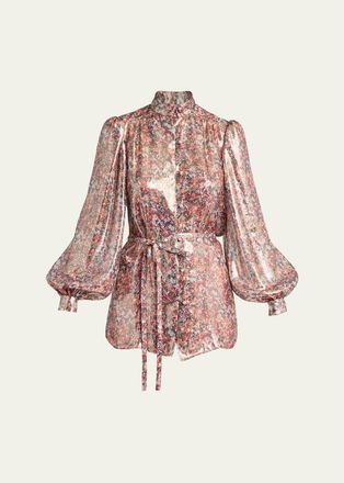 Valentino Garavani Metallic Floral Balloon-Sleeve Button-Down Shirt
