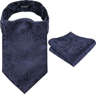 Alizeal Mens Paisley Jacquard Ascot Hanky Business Formal Classic Elegant Gift Cravat Tie and Pocket Square Set, Dark Navy