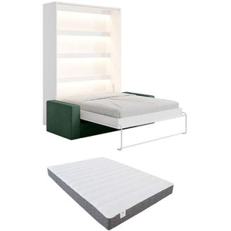 Vente-Unique Letto a scomparsa 160 x 200 cm Apertura verticale manuale Con LED Bianco + Divano Verde + Materasso - RAPILI