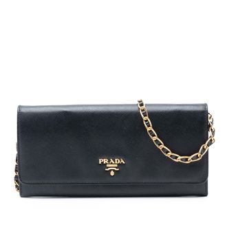 Prada Pre-owned Womens Saffiano Lux Wallet On Chain - Black Leather - One Size