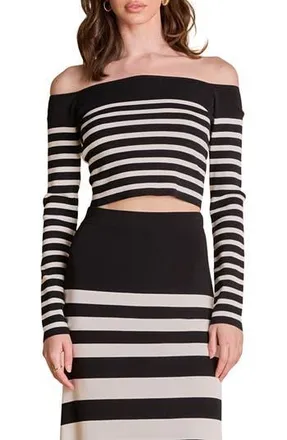 endless rose Stripe Off the Shoulder Sweater in Black/Cream at Nordstrom Rack, Size X-Small