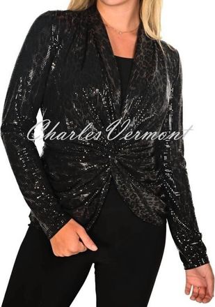 Frank Lyman Design Shimmer Leopard Wrap Front Top In Black/gold