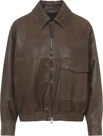 Brunello Cucinelli Leather Jackets, female, Brown, XS, Summer Torba Leather Bomber Jacket