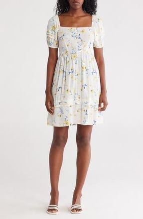Lovestitch Floral Puff Sleeve Tiered Minidress in Cream/Yellow at Nordstrom Rack, Size Medium