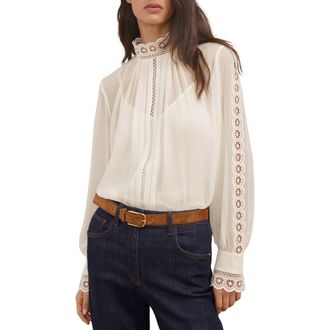 Reiss Ori Guipure Lace Trim Top in Cream at Nordstrom, Size 14 Us