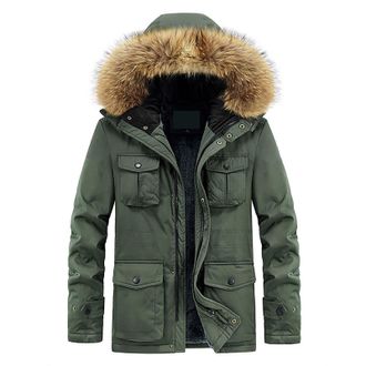 Generic Winter Jackets for Men Fleece Lined Parka Jacket Mens Waterproof Thick Warm Padded Military Jacket with Faux Fur Hood Full Zip Overcoat Smart Casual w