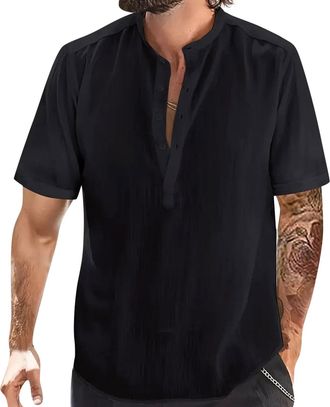 Generic Grandad Tshirt Men Short Sleeve Henley Round Neck Collarless Shirt Lightweight Men Beach Shirt Button Holiday Shirts Solid Color Summer Mens Shirts Sh