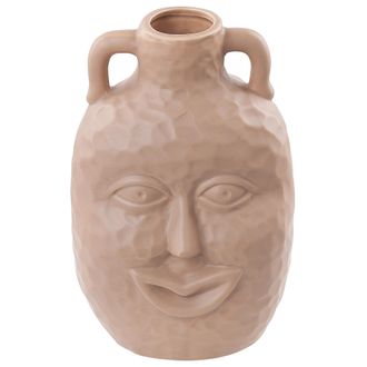 Beliani Florero De Porcelana Beige Arena 26 Cm Hecho A Mano Patr&oacute;n De Cara Sonriente Veria