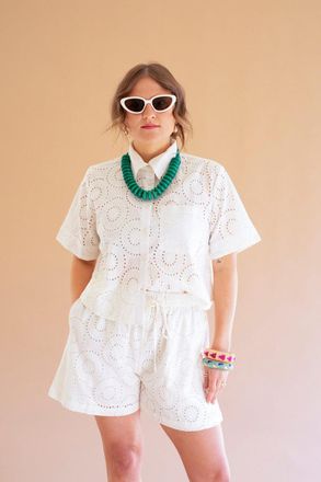 Kalalou Eyelet Button Down Short Sleeve Shirt-Cotton