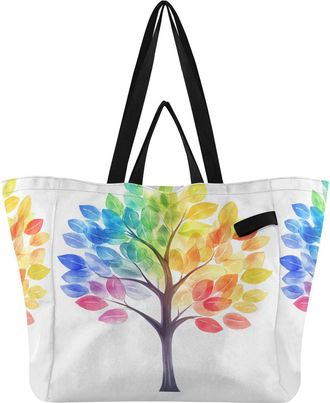 Generic Rainbow Leaves Tree print Reusable Canvas Tote Bag, Heavy Duty Grocery Shopping Bag with Large Capacity Double Handles Hard Bottom Work Groceries Trav