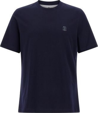 Brunello Cucinelli Navy Blue Logo Cotton T-shirt
