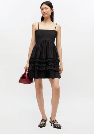 Ganni Black Mini Frill Dress - Size 34 Organic Cotton