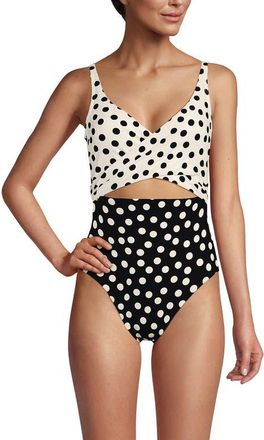 Lands End Wrap Monokini High Leg One Piece Swimsuit in Black/egret Mixed Tossed Dots at Nordstrom, Size 14