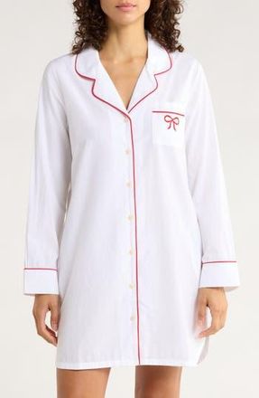 Nordstrom Classic Piped Cotton Nightshirt in White- Red Bow at Nordstrom Rack, Size X-Small