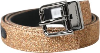 Dolce & Gabbana Gold Glitter Leather Silver Metal Buckle Belt - Heren - Riemen - Geel - ONE Size - Leer - Accessoires