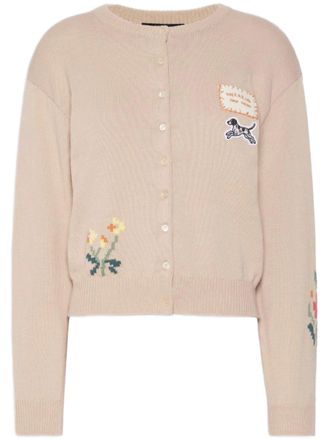 Weekend Beige Knit Cardigan with Floral Embroidery and Playful Dog Patch