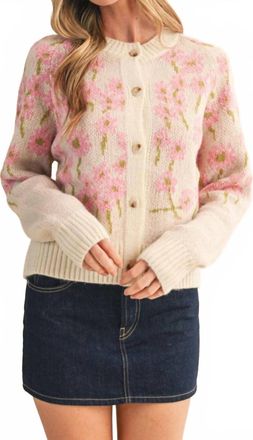 Merci Southern Grace Floral Knit Sweater Cardigan In Ivory & Pink