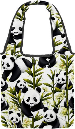 Generic Cute Panda Pattern Reversible Canvas Shoulder Tote - Double-Sided Print, 12oz Cotton, 27cm Drop, Fold-Flat Bag for Travel, Shopping, Street Outings