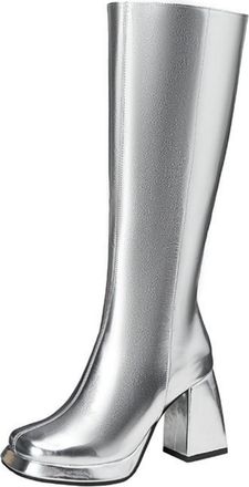 Generic Womens Square Toe Platform Long Boots PU Leather Knee High Boots with Side Zipper Chunky High Heel Party Prom Shoes,Silver,8.5 UK