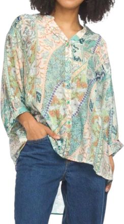 Papillon Patchwork Lightweight Button Front Top In Green