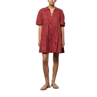 Kaos Short Dresses, female, Red, Size: XL Cotton Short Dress with Collar, V-neck and Ruffles