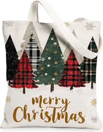 Generic Christmas Trees Canvas Tote Bags, Rustic Holiday Pattern Reusable Grocery Bags, Vintage Lightweight Washable Shoulder Strap, White, 13x15 Inch